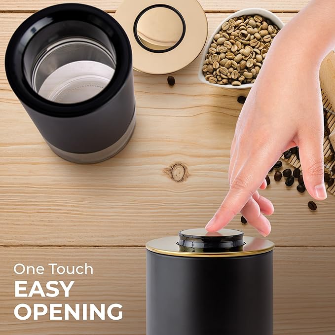 Kaffe Glass Coffee Canister (12oz) w/Airtight Lid - Click to Release Seal - BPA Free Glass & Stainless Steel - Elegant Kitchen Storage Container for Coffee, Nuts, Rice, Flour, Sugar, Tea, Cereal