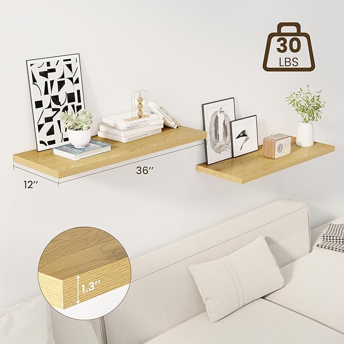 Dreamland 36" Floating Shelves for Wall, 12" Deep Slim Oak Floating Shelves, Wall-Mounted Shelves for Bedroom, Living Room, Kitchen, Bathroom - Set of 2
