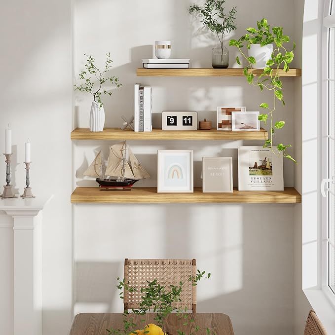 Fun Memories 40 Inch Floating Shelves for Wall, 9.3 Inch Deep Shelves for Books & Decor, Wall-Mounted Floating Shelf 40 Inch Long Set of 2, Rustic Wooden Shelf for Living Room, Bedroom, Kitchen, Oak
