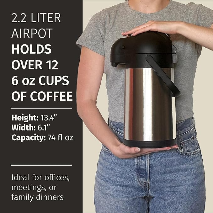 Coffee Carafe with Pump & Drip Tray - 74oz / 2.2L, 12 Hours, Thermal Carafe for Hot Liquids, Water Dispenser, Airpot Coffee Dispenser with Pump, Insulated Air Pot, Large Carafe for Hot Drinks