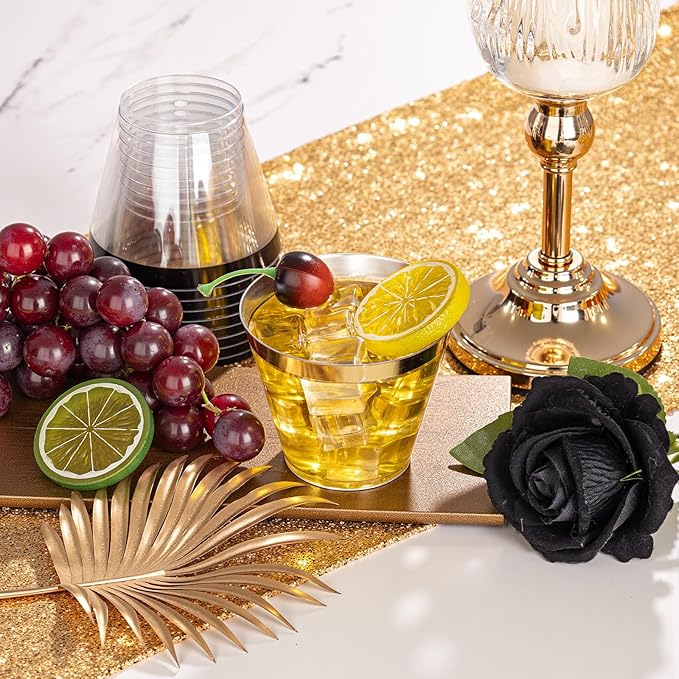 WELLIFE 120PCS Black and Gold Cups,9 OZ Clear Plastic Cups,Disposable Wine Glasses for Parties,Plastic Cocktail Glasses(60 Gold, 60 Black)