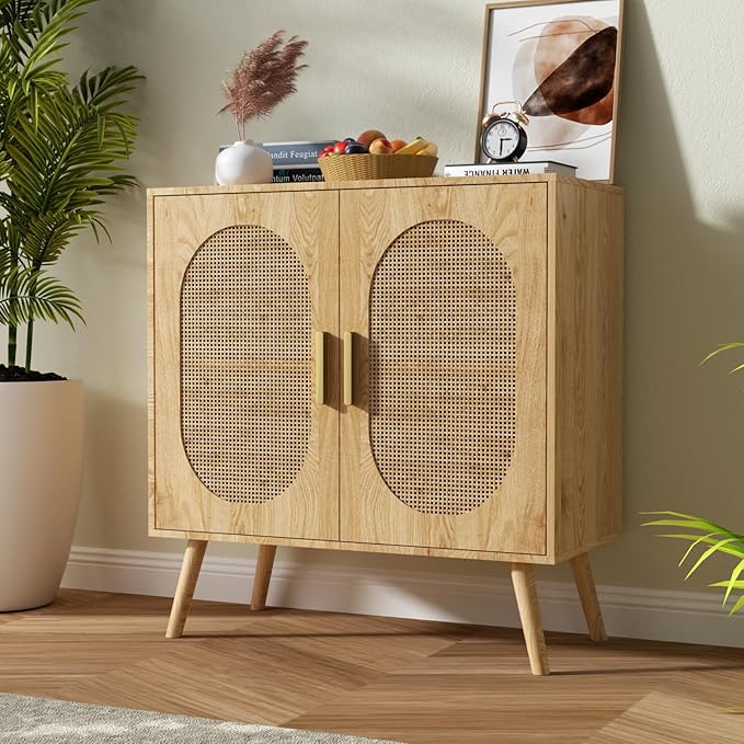 Modern Rattan Storage Cabinet with Doors, Wood Sideboard Buffet Cabinet for Living Room, Entryway, Dining Room (2-Door)