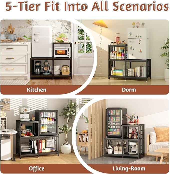 5-Tier Mini Fridge Stand, Bakers Rack with Storage,Multi-Purpose Microwave Stand,Mini Fridge Cabinet,Mini Fridge Shelf for Office,Kitchen,Living Room,Coffee Bar,Black