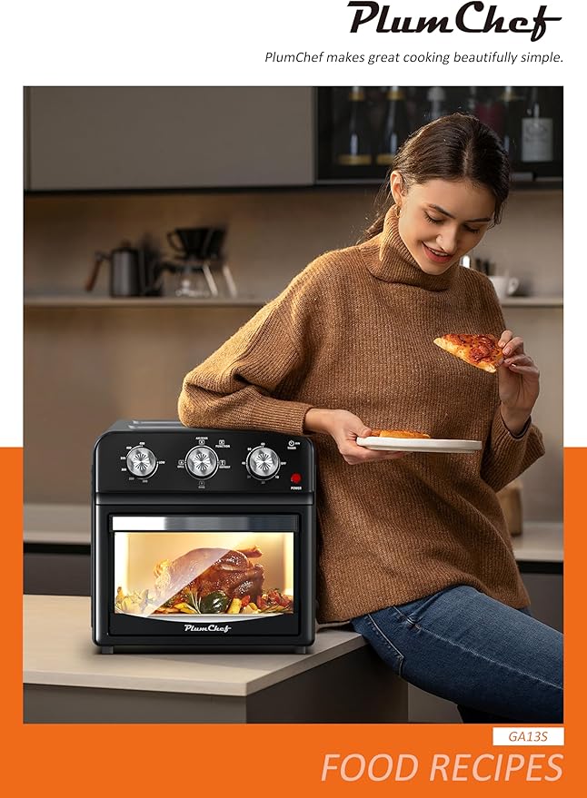 PlumChef 13 Quart 4 Slices Air Fryer Convection Toaster Oven, 1500W, Multifunction Oven for Air Fryer, Gril, Defrost, Bake, Time and Temperature Controls(Black)