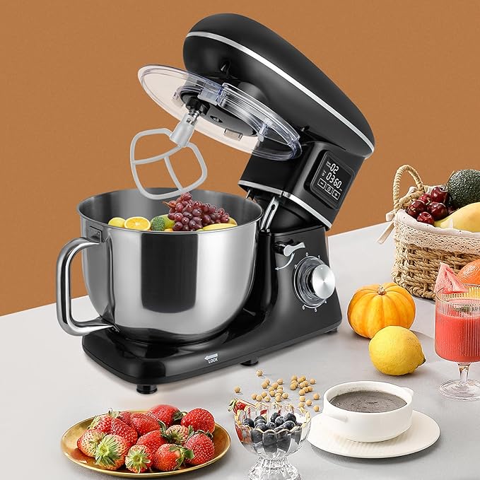 6.5Qt Stand Mixer, 1350W Electric Household Stand Kitchen Mixer With Lcd Timer Display, 6-Speed Dough Maker With Whisk Beater & Hook, For Baking Bread Cake Cream, Compact For Small Kitchen (black)