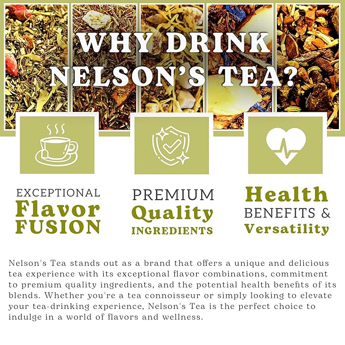 Nelson's Tea Favorites Sampler Pack - Caffeine Free - Loose Leaf Tea Sampler - A&J's Root Beer 2oz, Banana Nut Bread 2oz, Chamomile Honey Vanilla 1.1oz, Lemon Ginger Honey 1.6 oz, Peach Dream 2 oz