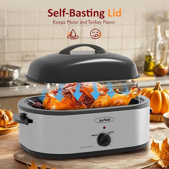 Sunvivi Electric Roaster, 18 Quart Roasting Oven with Self-Basting Lid Removable Pan, Turkey Roaster Oven with 150 to 450F Temperature Control Cool-Touch Handles, Silver