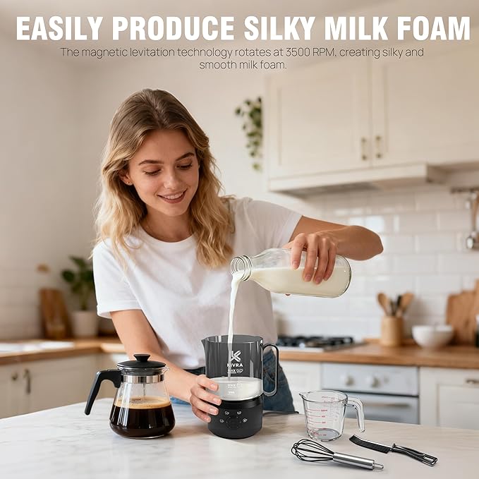 KIVRA Milk Frother and Steamer 350ml | 4 Mode cold foam maker for Hot and Cold Drinks | Durable Non Stick Milk Frother for Coffee Lovers – Includes 1x Whisk, Measuring Cup, String Bag & Brush