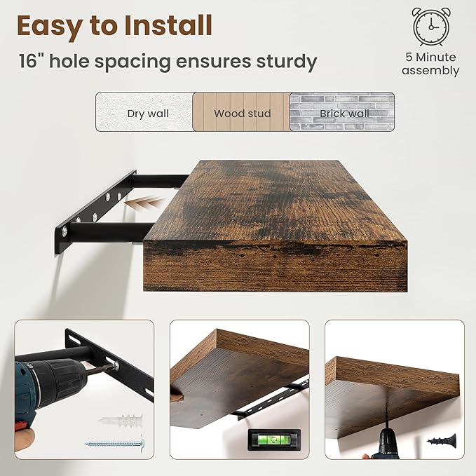 40 Inch Floating Shelves for Wall, 8 Inch Deep Floating Shelf for Storage & Display, Wall Mounted Shelf with Invisible Brackets for Living Room, Kitchen, Bathroom, Home Decor, Set of 2, Rustic Brown