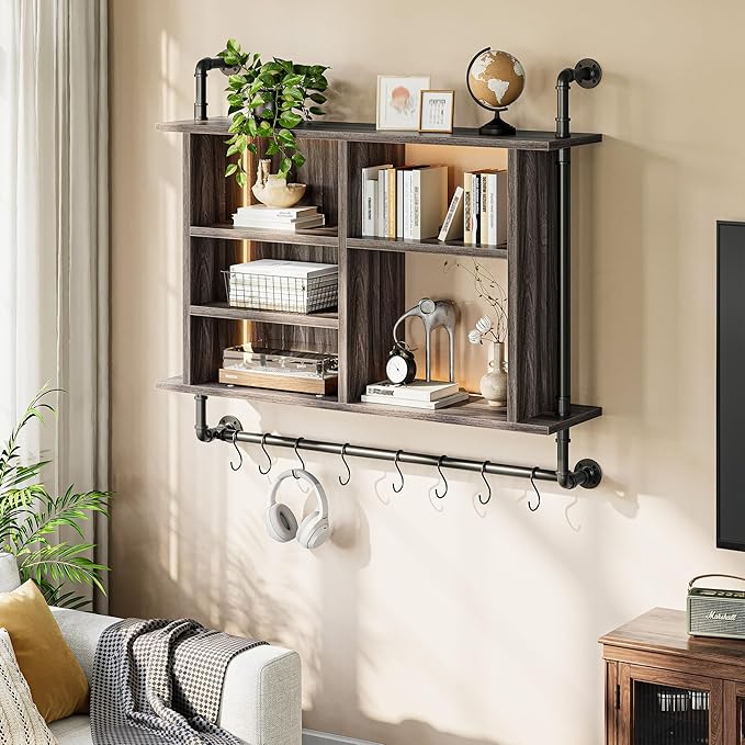 REIBII 4-Tier Industrial Pipe Shelving, 37.4" Kitchen Shelf with LED Light, Floating Shelves with 8 S-Hooks for Kitchen, Living Room, Home Office Bar, Dark Grey