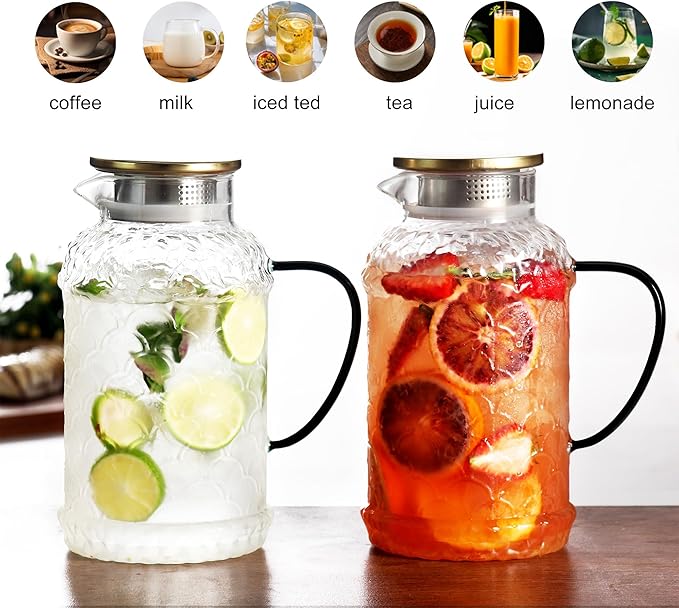 2 Liters/68 oz Glass Pitcher with Lid and Handle for Fridge,2 PACK Large Hot Cold Water Carafe for Cold Brew,Coffee,Lemonade,Iced Sun Tea,Beverage,Milk,Heat Resistant