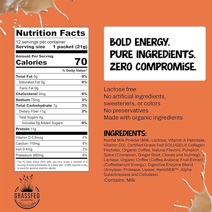 Projo* Power Coffee – Instant Coffee with 12g Hydrolyzed Bovine Collagen & 175mg Caffeine – High Protein Energy Boost Coffee for Men & Women – Pumpkin Spice Flavor – 12 Single-Serve Packets