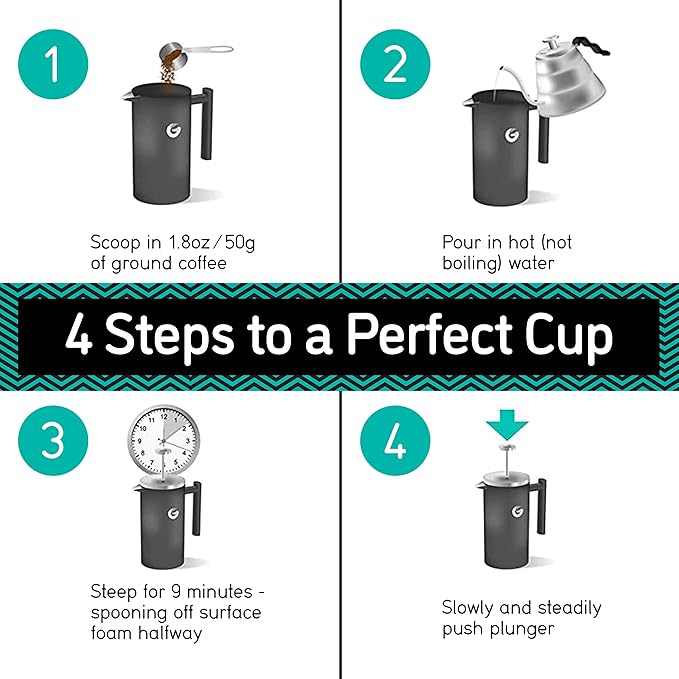 Coffee Gator 304 Grade Stainless Steel French Press Coffee Maker 34 oz, Double Wall Insulated Hot Cold Brew Teapot with 4-Level Filtration System, Include Travel Jar Canister, Rust-Free, Travel, Black