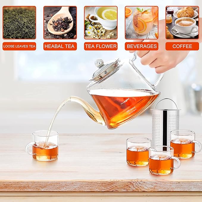 Glass Tea kettle Stovetop Safe, 40oz/1200ml Glass Teapot Gift Set with 4 Teacups, Tea Pot with Removable Infuser for Loose Leaf and Blooming Tea