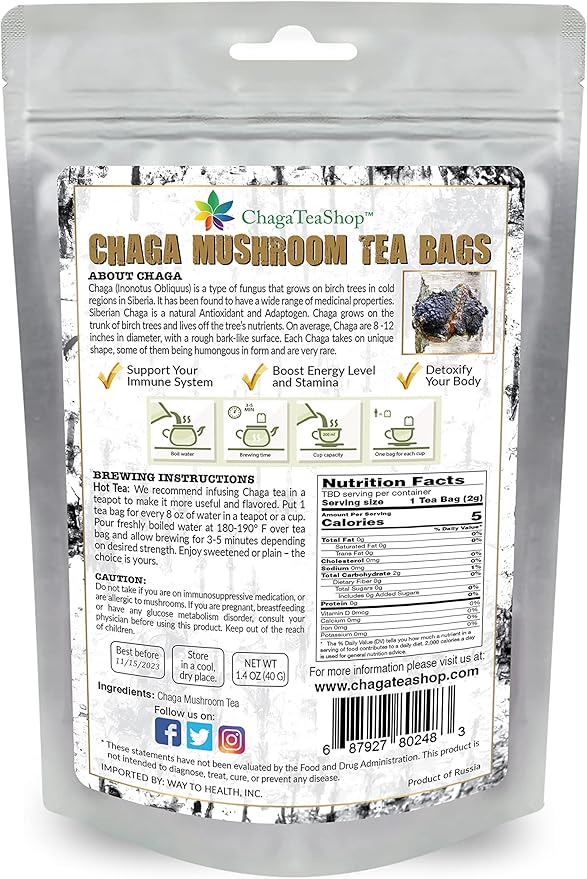 Siberian Chaga Mushroom Individual Filter Tea Bags Original 20 Filter Bags Net Wt 1.4 Oz (40g)