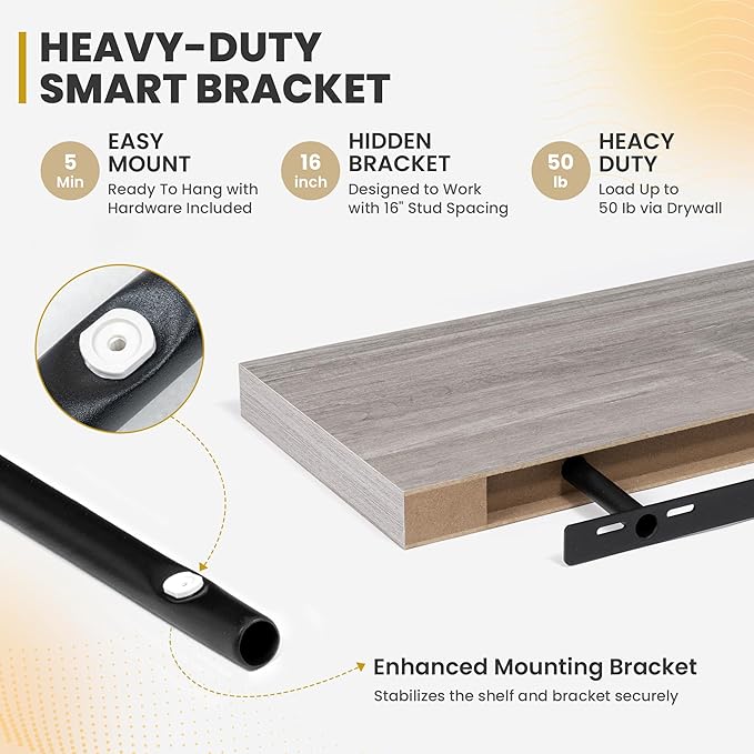 24 Inch Floating Shelves, 9.3" Deep Floating Shelf Wall Mounted, 24" Wall Shelves, Rustic Deep Bookshelf, Large Display Shelves & Storage Shelves for Bedroom, Living Room, Gray, Set of 2