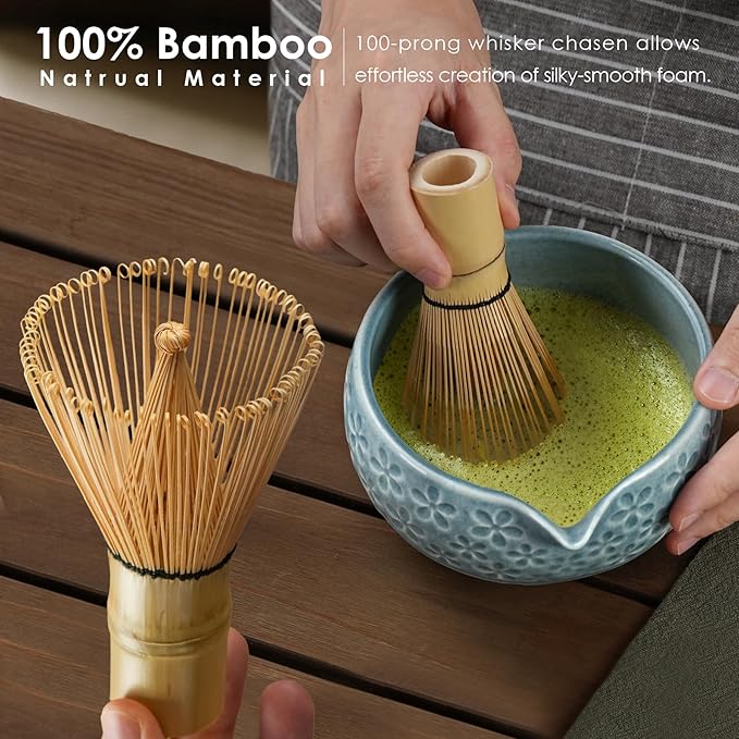 7Pcs Matcha Whisk Set, Ceramic Matcha Bowl with Spout, Bamboo Whisk and Holder,Bamboo Scoop,Scoop Rest,Sifter,Tea Towel, Matcha Kit with Cherry Blossom Carved Patterns for Matcha Lovers (Sakura Blue)