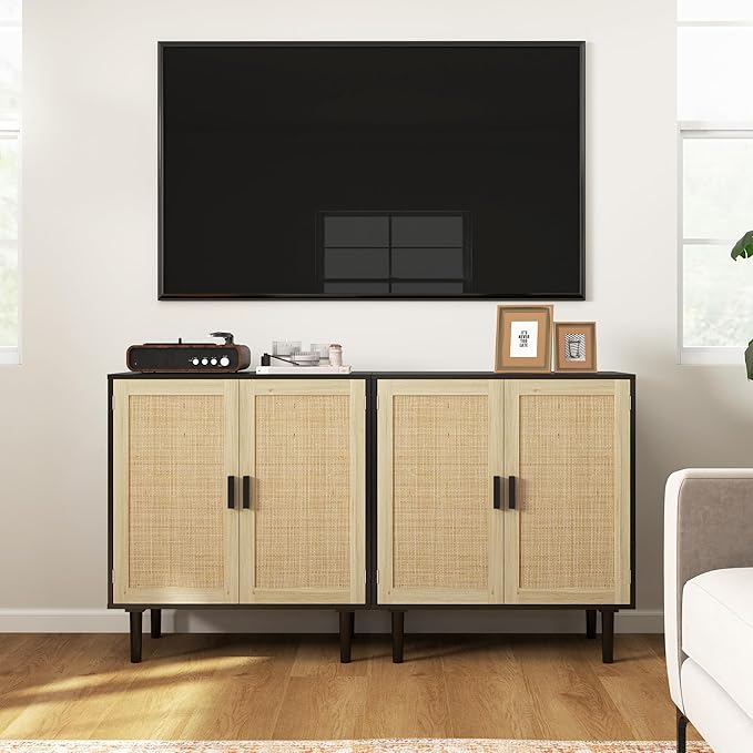 HOMCOM Sideboard Buffet Cabinet, 32" Boho Buffet Table, Rattan Coffee Bar Cabinet with 2 Doors and Shelves for Kitchen, Living Room, Entryway, Black