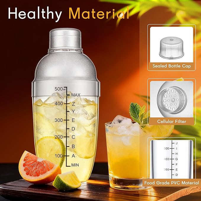 Plastic Cocktail Shaker with Measuring Scale 17oz (500ml), Leak-Proof & Shatter-Resistant Drink Mixer for Bartending, Protein Shakes, Iced Coffee & Milk Tea
