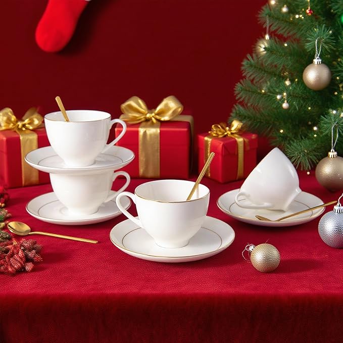 Bone China Tea Cups and Saucers Set (7 oz, Set of 4) – White Luxury Fine Porcelain Mugs for Tea, Coffee, Latte Art, Barista Use, Elegant Gifting