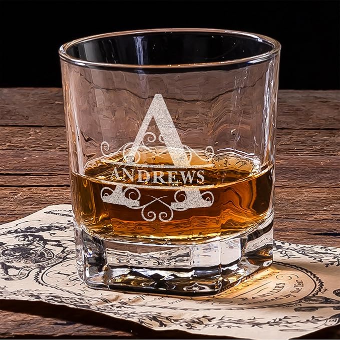 Personalized Name Monogram Whiskey Glass Gift Set - 4 Designs Custom Gift For Him - Personalized Bourbon Cup - 11 oz Engraved Monogram Scotch Glass in Wooden Box - Whiskey Gifts For Men
