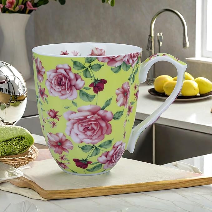 14oz Bone China Coffee Mugs for Women Floral Coffee Mug Tea Cups Novetly Coffee Cups Gift for Women Mom Friends (Sunny yellow rose)
