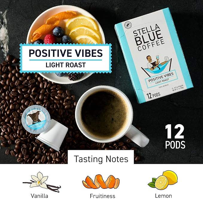 Stella Blue Coffee Pods, Positive Vibes Blend, Light Roast Vanilla, Fruity Notes 100% Arabica Beans, Ethically Sourced from Central and South America, 12 Recyclable K Cup Compatible Pods