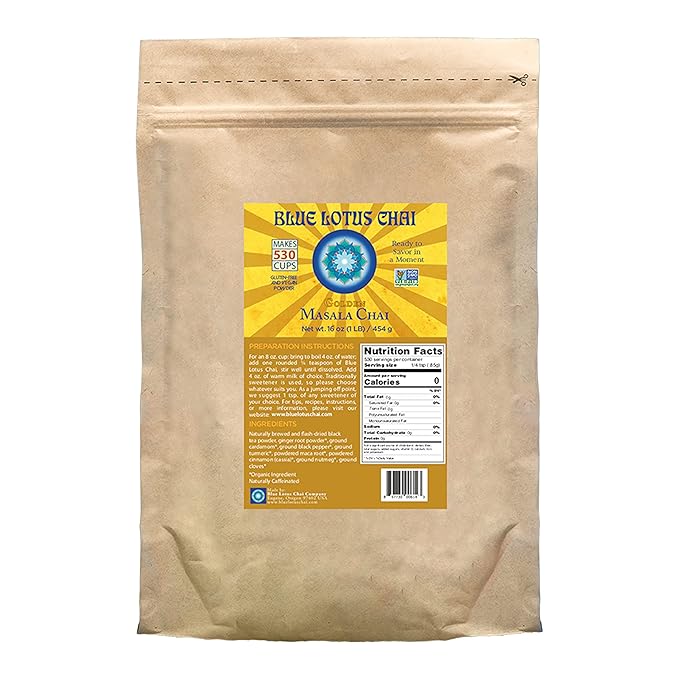 Blue Lotus Chai - Golden Masala Chai - Makes 530 Cups - 1 Pound Bulk Bag Masala Spiced Chai Powder with Organic Spices - Instant Indian Tea No Steeping - No Gluten