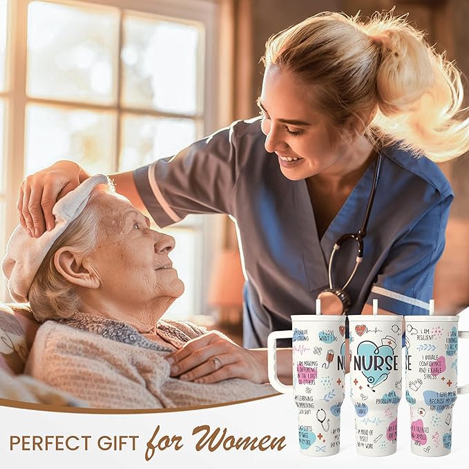SANDJEST Nurse Tumbler with Handle 40oz, Coffee Travel Mug with Straw, Inspiration Gifts for Women Female Nurses, Nursing Gift for Birthday Christmas Nurse Week