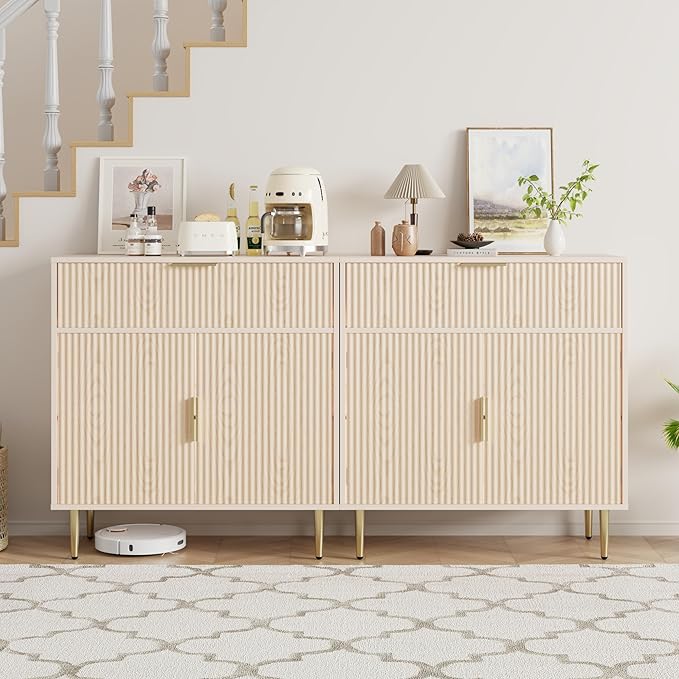 Coffee Bar Cabinet with 2 Doors & Drawer, Sideboard Buffet with Adjustable Shelves, Accent Liquor Storage Cabinet, Fluted Cabinet with Gold Hardware, Console Table for Living Dining Room, Oak