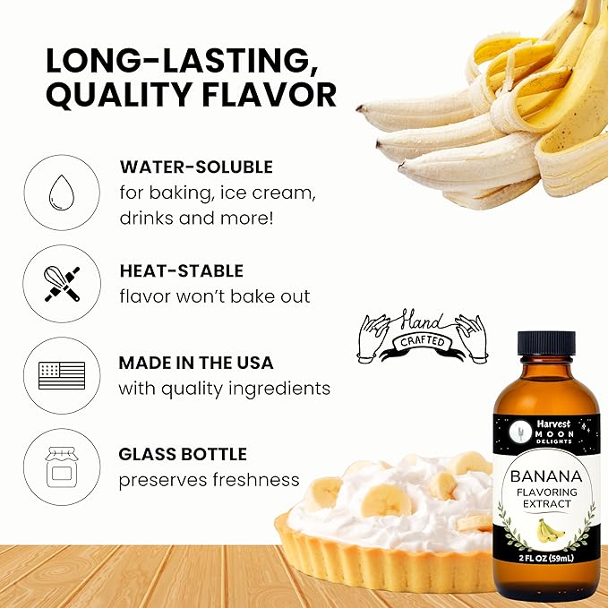 Natural Banana Extract - 2 oz - Water-Soluble - By Harvest Moon Delights - Banana Extract for Baking, Ice Cream, Drinks, and Candy - Sugar Free