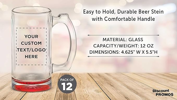12 Libbey Beer Mugs Set, 12 oz. - Customizable Text, Logo - Groomsmen Glassware - Red