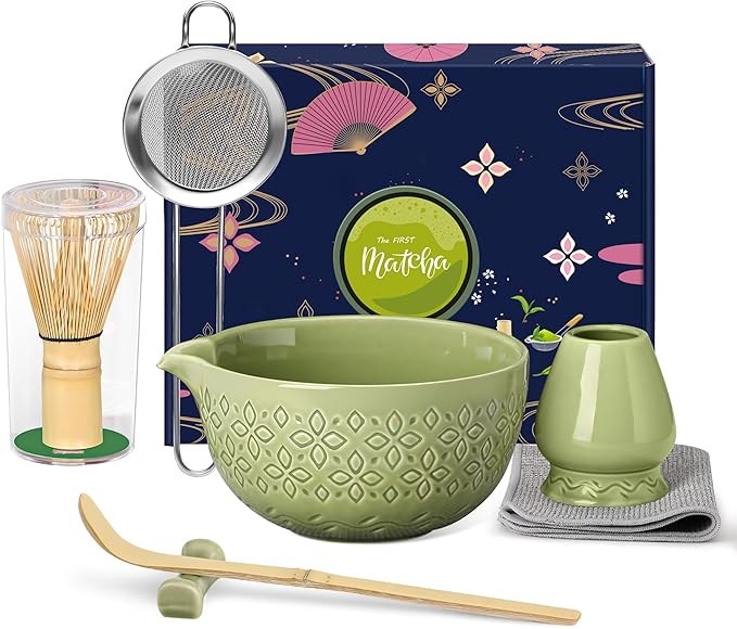 Matcha Whisk Set Matcha Kit - 7 Pcs Japanese Tea Set Includes Matcha Bowl with Spout,Bamboo Whisk with Ceramic Holder,Bamboo Scoop and Rest,Sifter,Tea Towel, for Ceremony Matcha Lovers Gift,Green
