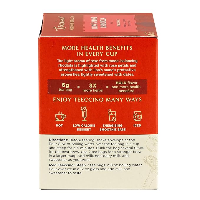 Teeccino Caffeine-Free Mushroom Adaptogenic Herbal Tea - Lion’s Mane Rhodiola Tea - Rose, 3x More Herbs than Regular Teas, Lightly Sweet from Dates & Figs, Chicory Prebiotic - 10 Tea Bags