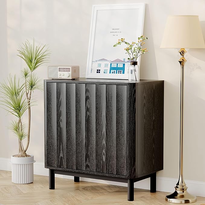 Wave Fluted Buffet Cabinet,30'' Tall Sideboard Storage with 2 Doors & Adjustable Shelves for Dinning Room, Kitchen, Living Room,Coffee Bar (29''W-Black)