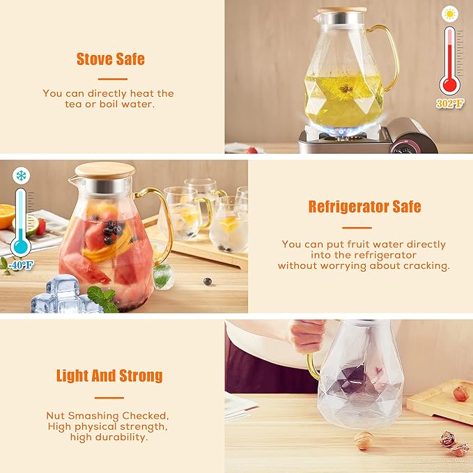 DUJUST 2 Litre Water Jug, Modern Diamond Design Glass Jug with Lid and Handle, High Durability Water Jug for Fruit Infuser Ice Tea, Hot Coffee, Milk