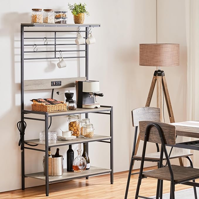 Yaheetech Bakers Rack with Power Outlet, Shelf Unit Coffee Bar Station with 5 S-Hooks & Adjustable Feet, Microwave Stand with Storage Shelf for Dinning Room/Living Room, Gray