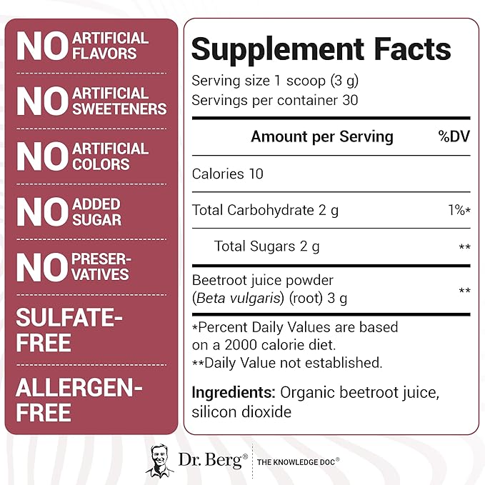 Dr. Berg Raw Organic Beet Powder from Real Earth-Grown Beets – USDA Certified Organic Beet Root Powder to Support Nitric Oxide Levels, Energy, Blood Flow, & Heart Health* – 30 Servings