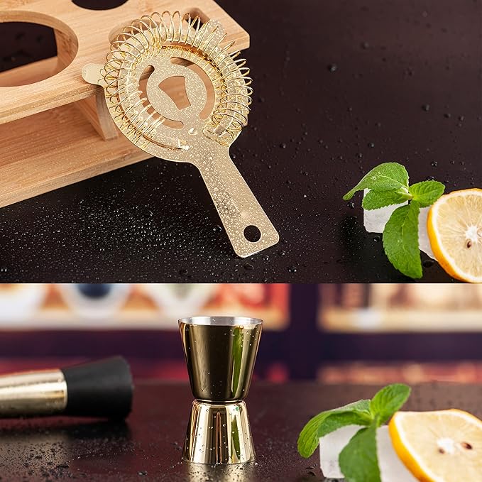 Shakers Bartending, 11Pcs-Cocktail Shaker Set Gold Drink Mixer with 25oz Martini Shaker,Muddler,Bar Spoon and More Professional for Home and Bartender.(Gold)