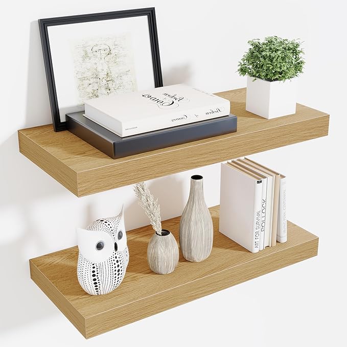 Fun Memories 24 x 10 Floating Shelves Wall-Mounted - Rustic Wood Shelf - 10 Inch Deep Floating Shelves for Wall - Large Storage Shelf for Bathroom - Kitchen & Bedroom - Oak - Set of 2