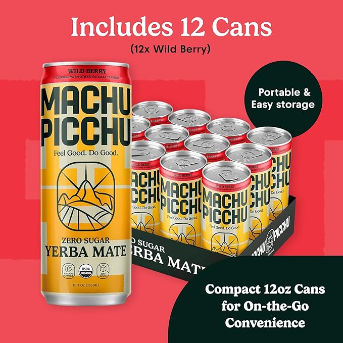MACHU PICCHU ENERGY, Non-Carbonated Zero Sugar Yerba Mate, Clean Energy Drink Alternative, 12oz (Pack of 12) – 120mg Organic Green Coffee Bean Caffeine, Low Calorie, USDA Organic, No Artificial Flavors (Wild Berry)