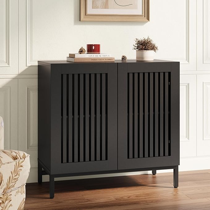 JOMEED Buffet Sideboard Cabinet with Louvered Doors & Adjustable Shelf, Wood Storage Cabinet for Kitchen, Dining Room, Living Room, Entryway Black