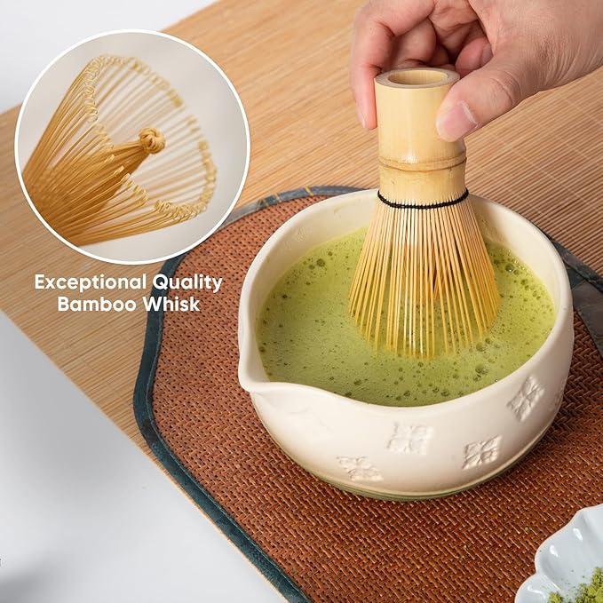Matcha Whisk Set - Traditional Bamboo Chasen with Bowl, Complete Matcha Tea Making Kit & Starter Tools for Authentic Japanese Ceremony (Mottled Green02, 8pcs/set,Bowl entry-level Set)