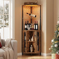 Corner Bar Cabinet with LED Lights, Tall Wine Cabinet with Storage, 5-Tier Industrial Corner Liquor Cabinet with Glass Holders, Adjustable Shelves, for Kitchen, Home, Rustic Brown and Black