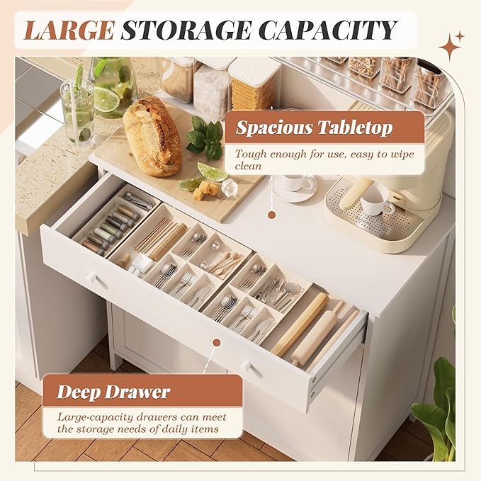 Crownland 31" Sideboard Buffet Cabinet with Drawer, 2-Door Kitchen Storage Cabinet with Adjustable Shelves, Modern Farmhouse Sideboard, Coffee Bar for Dining Living Room(White)