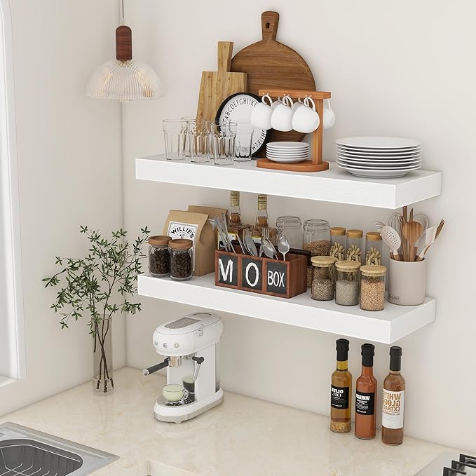 Deep Floating Shelves | 36 Inch White Floating Shelves Set of 2 | 12 Inch Deep Rustic Wood Shelves for Wall | 36" W x 12" D White Shelves for Living Room Bathroom Laundry Room Kitchen