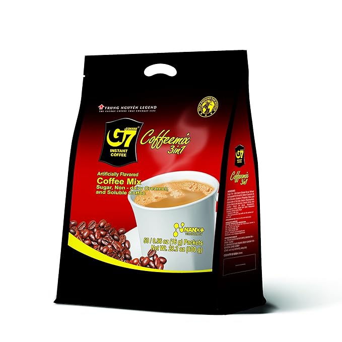 Trung Nguyen G7 Instant Coffee - 3-in-1 Roasted Ground Blend with Creamer & Sugar, Vietnamese Coffee (50 Sachets)