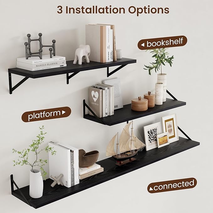 Axeman Floating Shelves for Wall Black- 36 Inch Wide x 12 Inch Deep Wall Shelves Set of 2 - Black Deep Wood Floating Shelves for Living Room Bedroom Laundry Room