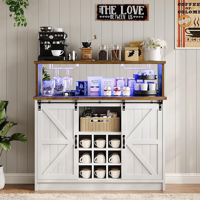 4ever2buy Farmhouse Coffee Bar with LED Lights, 47 inch Coffee Bar Cabinet with Storage, Wine Bar Cabinet with Wine and Glass Rack for Living, Dining Room, White