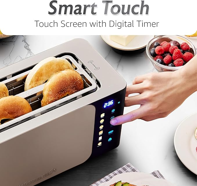 Elite Gourmet ECT5924D SmartToast Digital Long Slot 4 Slice Toaster, 1.5” Wide Slots for Thick Breads & Bagel Function, LED Touch Screen, Countdown Timer, 6 Shades, Stainless Steel
